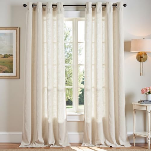 jinchan 108 inch Curtains Flax Linen Blend Semi Sheer Light Glare Filtering Extra Long Drapes for Living Room Dining Doorway Farmhouse Office Sunroom, Natural Beige, Wide 50" by Long 108", 2 Panels
