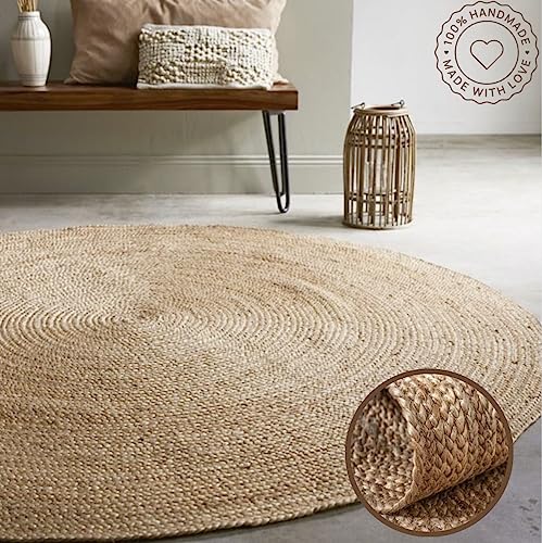 FRELISH DECOR Handwoven Jute Area Rug - 5 feet Round - Natural Yarn - Rustic Vintage Beige Braided Reversible Rug - Eco Friendly Rugs for Bedroom - Kitchen - Living Room - Farmhouse (5' Round)