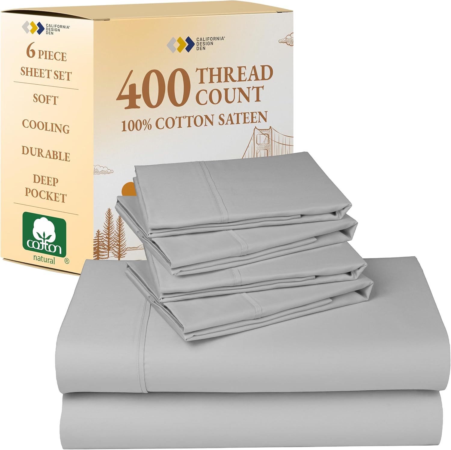 California Design Den 6-Pc Queen Size Sheet Set with 4 Pillowcases - 400 Thread Count 100% Cotton Sheets, Cooling Sateen Weave, Luxury Deep Pocket Bedsheets Set - Light Grey
