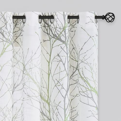FMFUNCTEX Linen Semi Sheer Curtains for Bedroom, Sage Green White Curtains 84 Inches Long for Living Room, Grey Tree Branch Print Curtain Light Filtering Farmhouse Window Drapes, Grommet Top 2 Panels