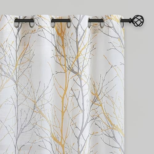 FMFUNCTEX Linen Semi Sheer Curtains for Bedroom, Yellow White Curtains 108 Inches Long for Living Room, Grey Tree Branch Print Curtain Light Filtering Extra Long Window Drapes, Grommet Top 2 Panels