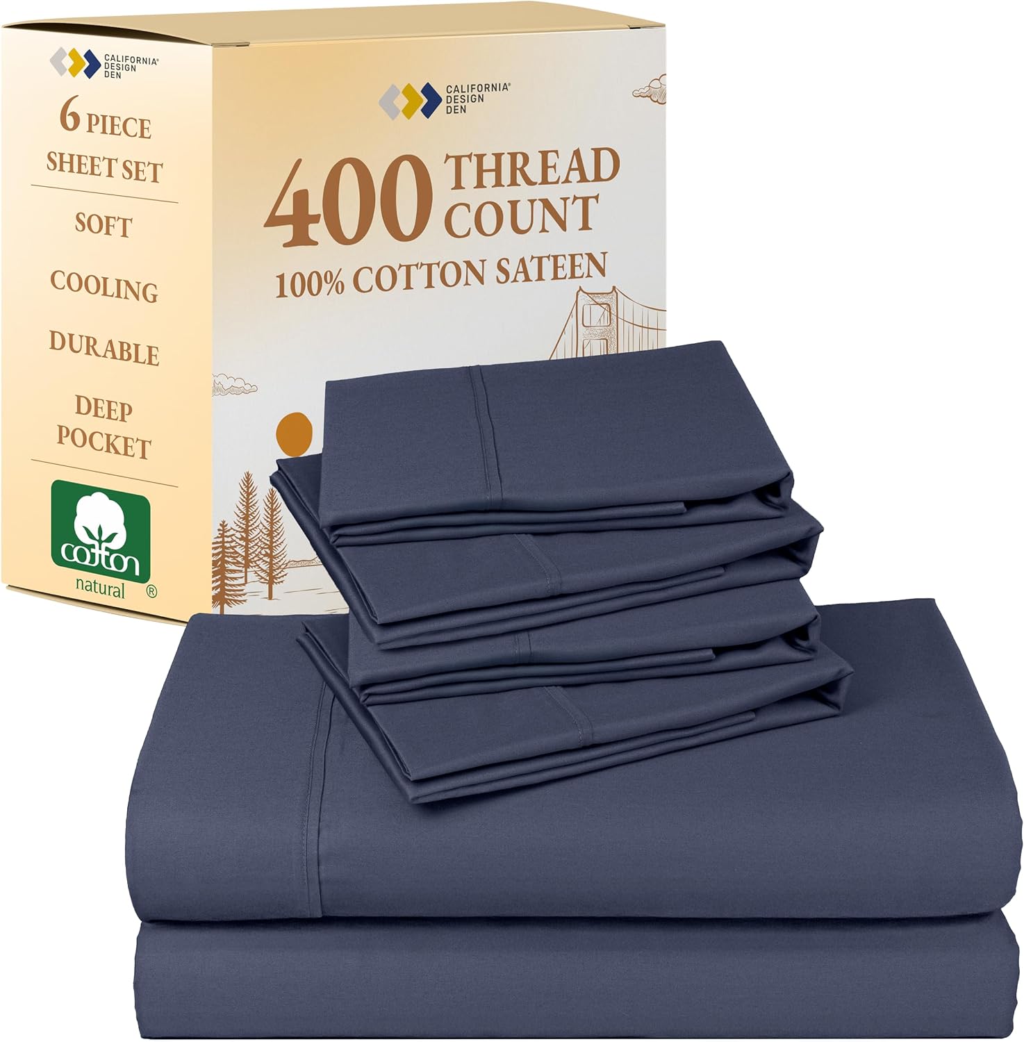 California Design Den 6-Pc Queen Size Sheet Set with 4 Pillowcases - 400 Thread Count 100% Cotton Sheets, Cooling Sateen Weave, Luxury Deep Pocket Bedsheets Set - Indigo Dusty Blue