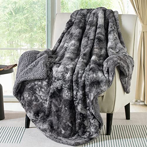 Bedsure GentleSoft Sherpa Fluffy Blanket Twin Size - Fleece Warm and Cozy Throw for Women Gift, Plush & Fuzzy Faux Fur Blanket for Couch, Sofa and Bed Decor, Tie Dye Design, Grey, 60x80 Inches