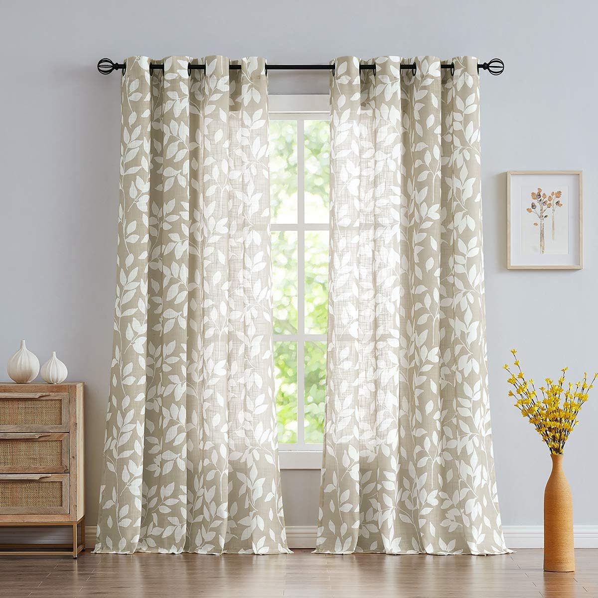 Print Semi Sheer Curtains for Living Room 95-inch Long White Leaf Curtains for Windows 52" Width x 2 Panels, Taupe, Grommet Top