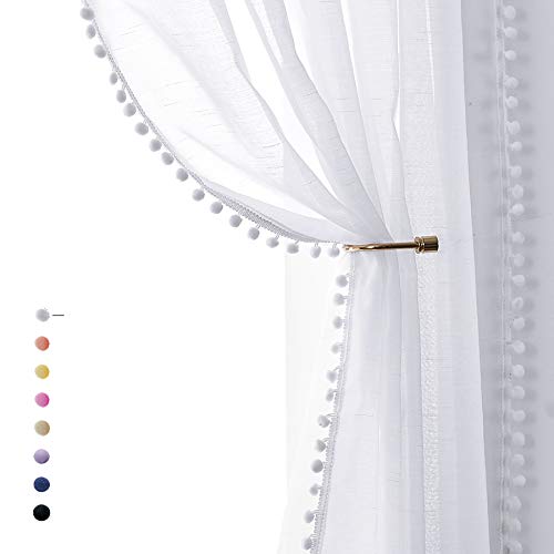 Snow White Sheer Curtains 95" Bedroom Decorative Pompom Trimmed Voile Window Curtain for Living Room Linen Look 2 Panels