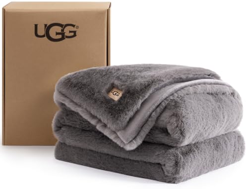UGG Plush Faux Fur Throw Blanket Reversible Medium Weight Luxury Soft Throw Blankets for Bed or Chair, Hypoallergenic, Machine Washable, Home Decor, 50-inch x 70-inch, Charcoal Dark Grey (Euphoria)