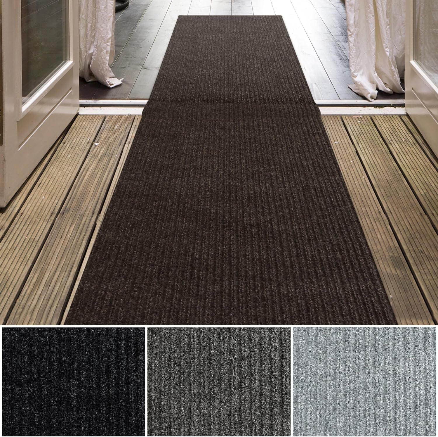 iCustomRug Ribbed Hallway Runner  3'x74' Brown, Indoor/Outdoor, Non-Slip TPR Rubber Backing, Low-Profile All-Weather Carpet, Non-Shedding & Easy Care, Utility Rug Ideal for High Traffic Areas