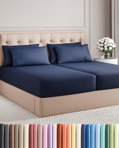 Split King 7 Piece Sheet Set - Cooling Sheets for Hot Sleepers - Hotel Luxury Bedding Set with 8-16 Inch Deep Pockets - 1 Flat & 2 Fitted & 4 Pillowcases - Soft, Easy Care & Wrinkle Free - Navy Blue