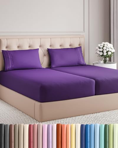 Split King Size 5 Piece Sheet Set - Comfy Breathable & Cooling Bed Sheets Set - Hotel Luxury Bedding for Women, Men, Kids, Teens, Boys & Girls - Deep Pockets, Soft, Wrinkle Free - Oeko-Tex - Purple