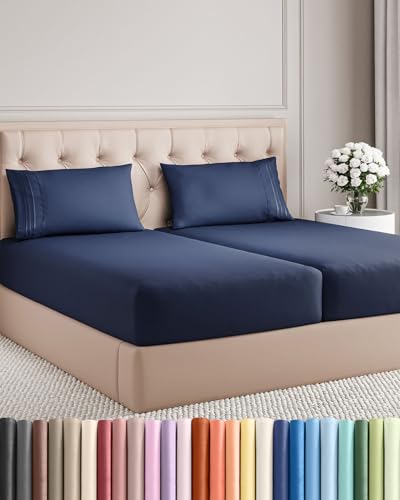 Split King Size 5 Piece Sheet Set - Comfy Breathable & Cooling Bed Sheets Set - Hotel Luxury Bedding for Women, Men, Kids, Teens, Boys & Girls - Deep Pockets, Soft, Wrinkle Free - Oeko-Tex - Navy Blue