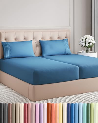 Split King Size 5 Piece Sheet Set - Comfy Breathable & Cooling Bed Sheets Set - Hotel Luxury Bedding for Women, Men, Kids, Teens, Boys & Girls - Deep Pockets and Wrinkle Free - Oeko-Tex - Denim Blue
