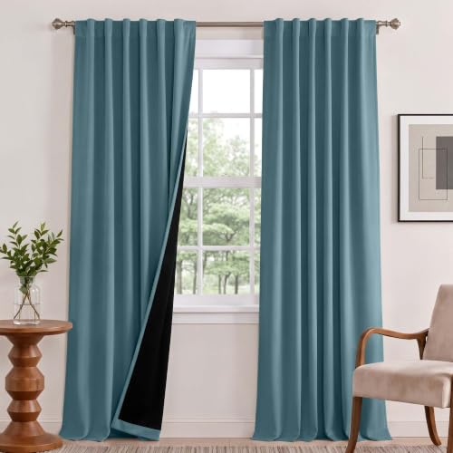 NICETOWN Heavy 100% Blackout Curtain Set, Thermal Insulated & Energy Efficiency Window Draperies for Guest Room, Full Shading Panels for Shift Worker and Light Sleepers, Sea Teal, 52W x 84L, 2 PCs
