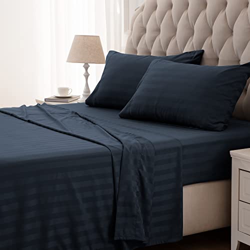 SLEEP ZONE Striped Cooling Sheets Set King Size - Fitted Flat Sheet & Pillowcase Sets 4 Piece - Super Soft Stripe Bed Sheet, Easy Care, Deep Pocket (Navy Blue, King)