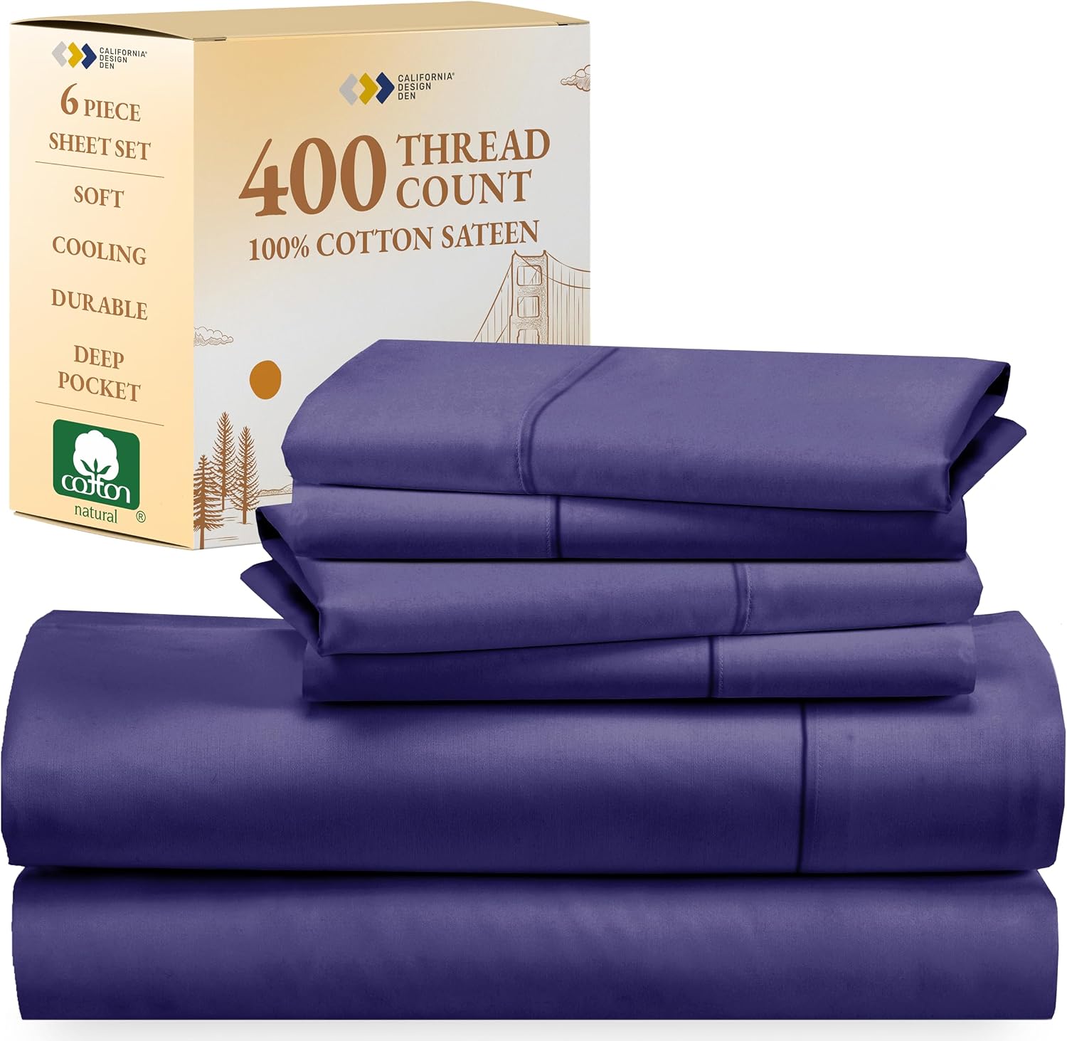 California Design Den 6-Pc Queen Size Sheet Set with 4 Pillowcases - 400 Thread Count 100% Cotton Sheets, Cooling Sateen Weave, Luxury Deep Pocket Bedsheets Set - Dark Purple