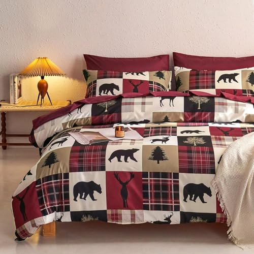 Wake In Cloud - Rustic Comforter Set, Cabin Christmas Lodge Western Country Bear Deer Moose Woodland RV Outdoor Theme, Soft Lightweight Bedding, 3 Pieces, Burgundy Black, King Size