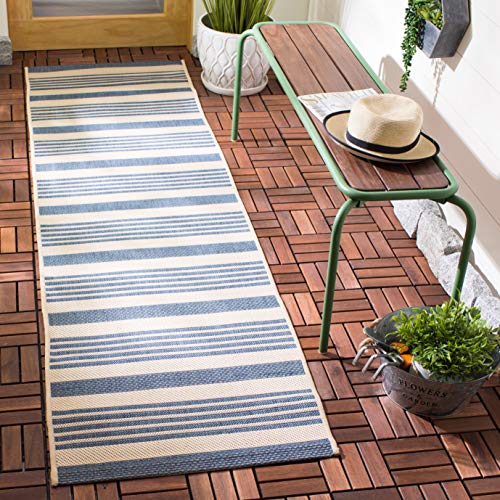 SAFAVIEH Courtyard Collection 2'3' x 20' Beige/Blue CY6062 Stripe Indoor/ Outdoor Patio Backyard Mudroom Runner Rug