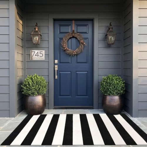 LEEVAN Black and White Outdoor Rug 3X5, Cotton Washable Striped Patio Rugs Hand Woven Front Door Mat, Reversible Entryway Rug Farmhouse Black Floor Carpet for Balcony/Courtyard/Entrance