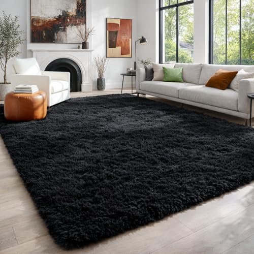 PAGISOFE Black Fluffy Shag Area Rugs for Bedroom 5x7, Soft Fuzzy Shaggy Machine Washable Rugs for Living Room,Plush Nursery Rug Kids Room Furry Floor Rug Boys Carpet for Teen Dorm Black Room Decor