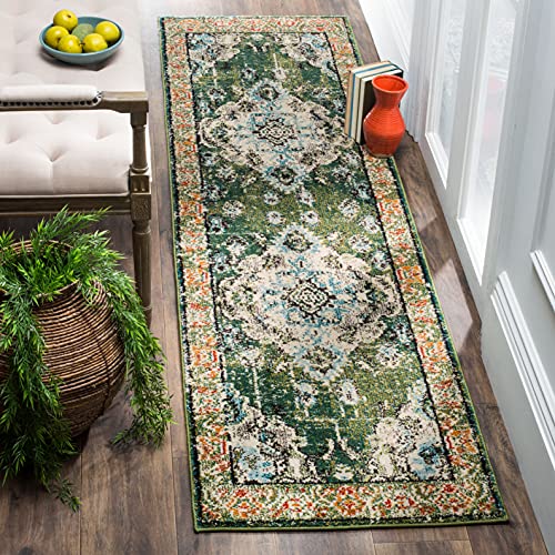 SAFAVIEH Monaco Collection Runner Rug - 2'2" x 20', Forest Green & Light Blue, Medallion Distressed Design, Non-Shedding & Easy Care, Ideal for High Traffic Areas in Living Room, Bedroom (MNC243F)