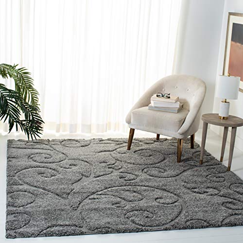 SAFAVIEH Florida Shag Collection Area Rug - 5' Square, Grey, Scroll Design, Non-Shedding & Easy to Clean, High-Low Plush Pile, Ideal for Living Room, Bedroom, Dining Space (SG455-8013)