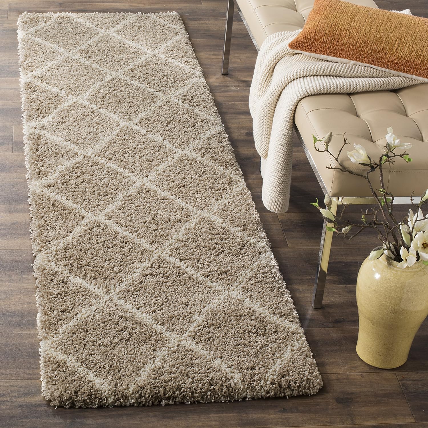 SAFAVIEH Hudson Shag Collection Runner Rug - 2'3" x 16', Beige & Ivory, Modern Trellis Design, Non-Shedding & Easy Care, 2-inch Thick Ideal for High Traffic Areas in Living Room, Bedroom (SGH281S)