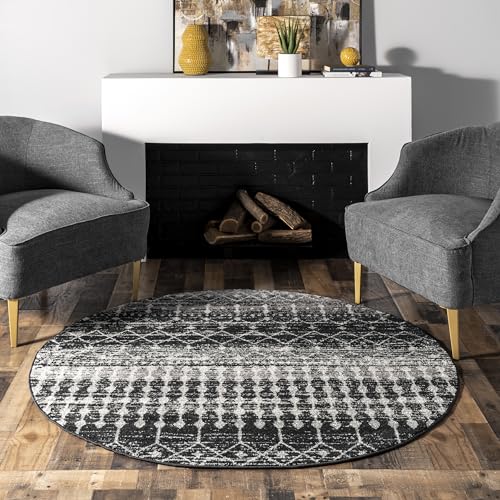 nuLOOM 10 Round Moroccan Blythe Area Rug, Black, Faded Bohemian Design, Stain Resistant, For Bedroom, Dining Room, Living Room, Hallway, Office, Kitchen, Entryway