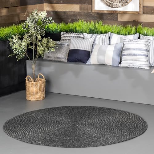 nuLOOM 5' Round Solid Hand Braided Indoor/Outdoor Area Rug, Pet-Friendly, High Traffic, Weather Resistant, for Patio, Balcony, Bedroom, Living, Dining Room, Wynn Charcoal