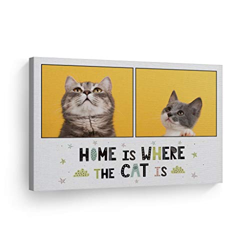 Smile Art Design Custom Photo Print Canvas Print with your Photo Personalized Photo 2 Images Home is Where the Cat is Quote Personalized Gifts for Cat Lovers Custom Pet Photo Prints - 24x36 inches