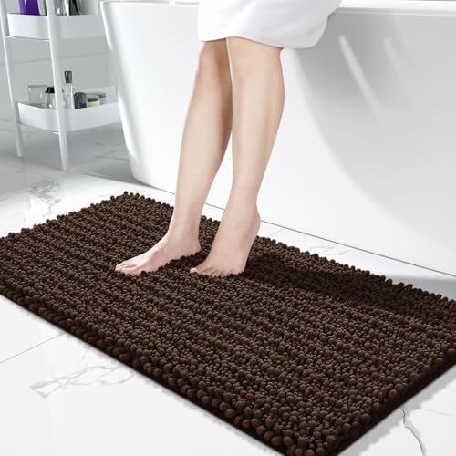 Yimobra Bathroom Runner Rug 55x24 Inch - Extra Long Non Slip Chenille Bath Mat, Soft & Absorbent, Machine Washable Shaggy Hallway Carpet for Vanity Tub Shower, Brown Home Decor Accessories