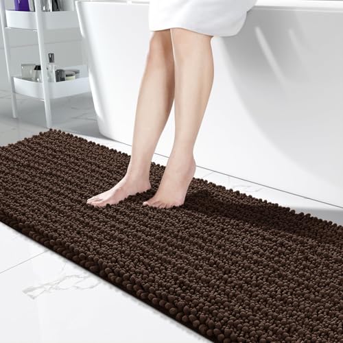 Yimobra Bathroom Runner Rug 70x24 Inch - Extra Long Non Slip Chenille Bath Mat, Soft & Absorbent, Machine Washable Shaggy Hallway Carpet for Vanity Tub Shower, Brown Home Decor Accessories