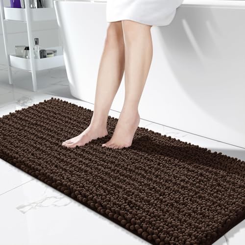 Yimobra Bathroom Runner Rug 60x24 Inch - Extra Long Non Slip Chenille Bath Mat, Soft & Absorbent, Machine Washable Shaggy Hallway Carpet for Vanity Tub Shower, Brown Home Decor Accessories