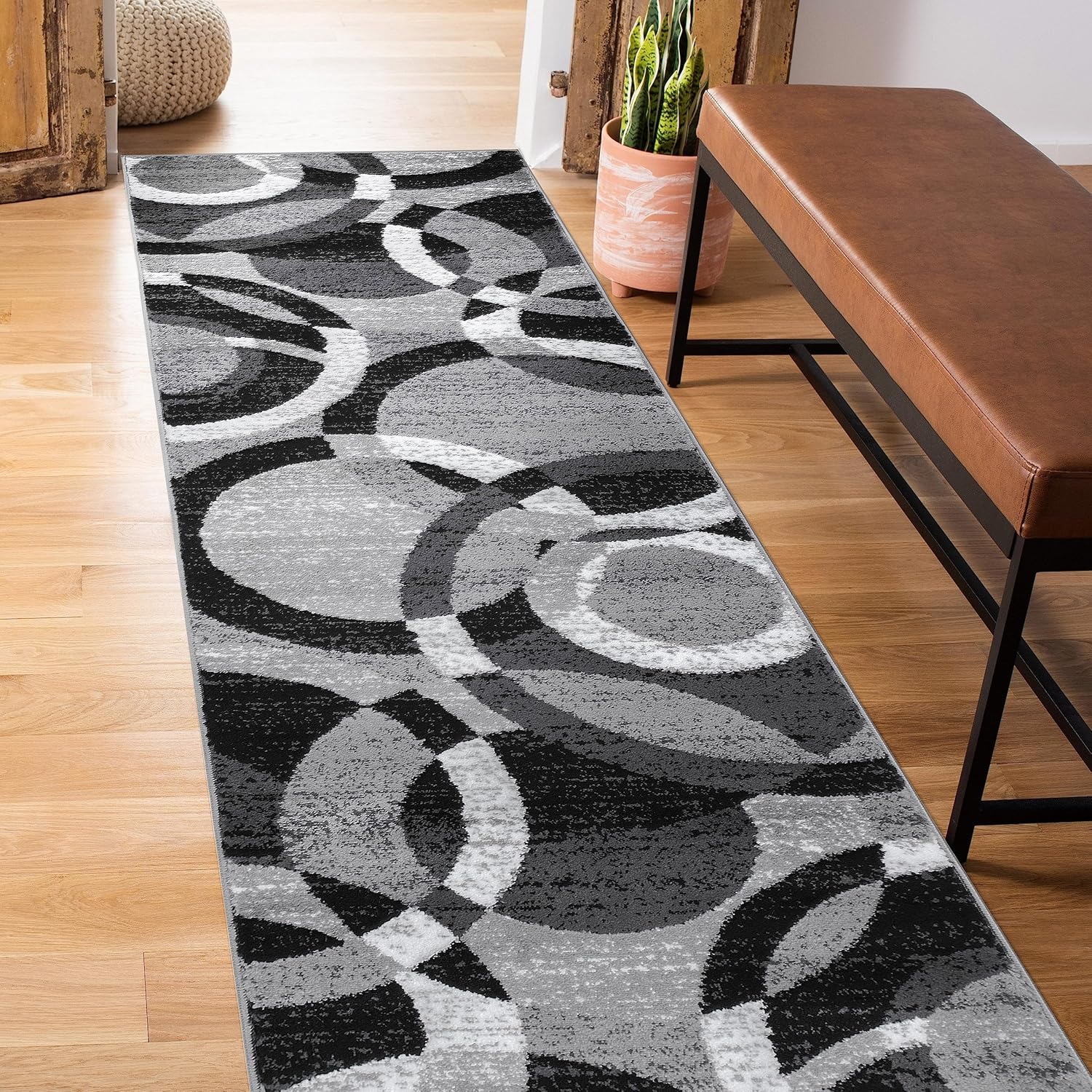 Rugshop Gray Modern Geometric Runner Rug, Abstract Circles, High-Traffic, Non-Shedding, for Hallway, Entryway and Kitchen, 2' x 10'