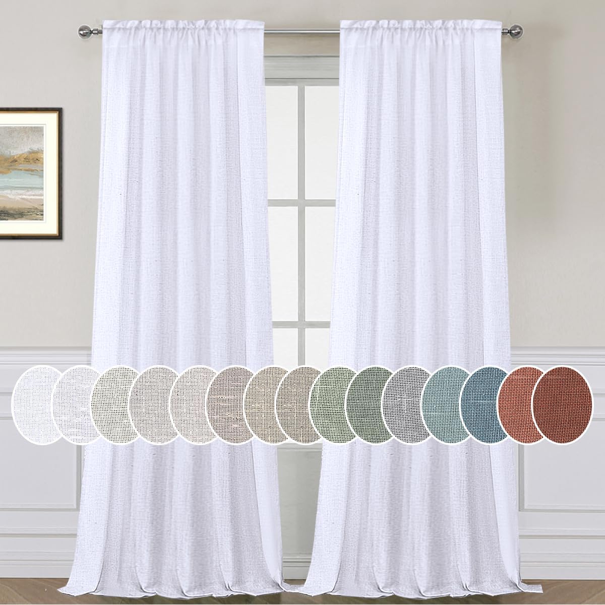 Linen Curtains Elegant Natural Linen Blended Curtains Energy Efficient Light Filtering / Rod Pocket Window Treatments Panels / Drapes for Livingroom (Set of 2, White, 52 Inch x 108 Inch )