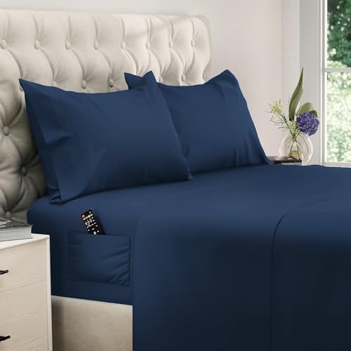 DREAMCARE Twin XL Sheet Sets - 4pc Cooling Sheets XL Twin - Twin XL Sheets up to 21 Deep Pocket  Hotel Luxury Extra Long 100% Brushed Microfiber with Side Pocket - N. Blue
