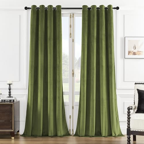 SMILETIME Green 96 in Long Velvet Curtains with Grommet, Thermal Insulated Super Soft Privacy Noise Reducing Light Filtering Velvet Curtains for Living Room, 2 Panels, Each 52 x 96 inches Long
