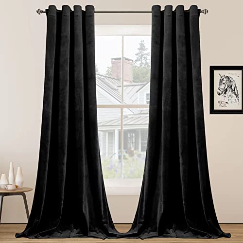 SMILETIME Black 84 in Long Velvet Curtains with Grommet, Thermal Insulated Super Soft Privacy Noise Reducing Light Filtering Velvet Curtains for Living Room, 2 Panels, Each 52 x 84 inches Long