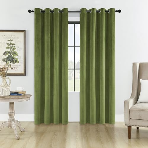 SMILETIME Green 72 in Long Velvet Curtains with Grommet, Thermal Insulated Super Soft Privacy Noise Reducing Light Filtering Velvet Curtains for Living Room, 2 Panels, Each 52 x 72 inches Long