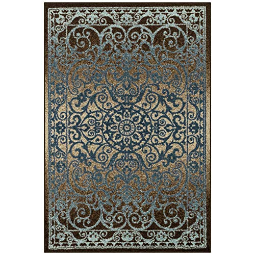 Maples Rugs Pelham Transitional Area Rugs - Made in USA - Washable, Non Slip, Pet-Friendly Mat for Bedroom, Office, and Entryway, 3'4 x 5, Blue/Walnut