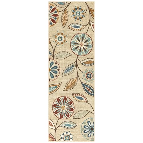 Maples Rugs Reggie Floral Runner Rug - Made in USA - Washable, Non Slip Indoor Carpet for Kitchen, Hallway, and Laundry Room, 2' x 6', Beige