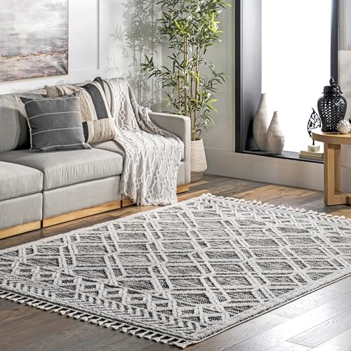 nuLOOM 5x8 Ansley Moroccan Tassel Area Rug, Grey, High-Low Textured Bohemian Design, Plush High Pile, Stain Resistant, For Bedroom, Living Room, Hallway, Entryway