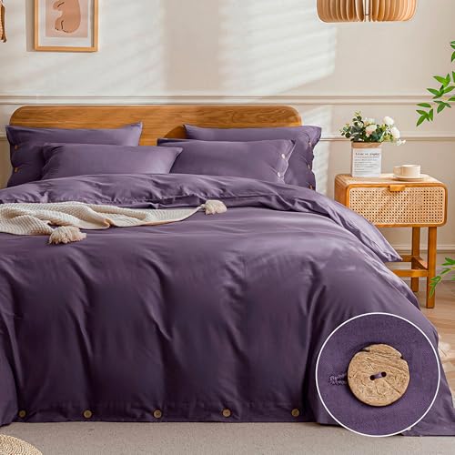 JELLYMONI Cotton Duvet Cover King Size - Purple Comforter Cover with Button 100% Washed Cotton 3PCS Breathable Soft Solid Bedding Set Duvet Cover 10490in & 2 Pillowcases (NO Comforter)