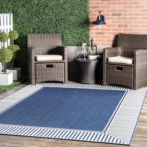 nuLOOM 10' x 12' Outdoor Area Rug, Casual Design With Striped Border, Stain Resistant, Highly Durable, For Patio, Balcony, Bedroom, Living Room, Dining Room, Bathroom, Navy