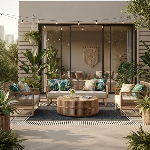 nuLOOM 6' 7" x 9' Outdoor Area Rug, Casual Design With Striped Border, Stain Resistant, Highly Durable, For Patio, Balcony, Bedroom, Living Room, Dining Room, Bathroom, Dark Grey