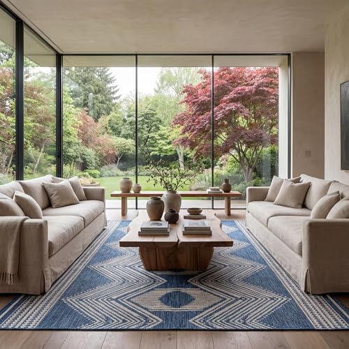 nuLOOM 8' x 10' Outdoor Tribal Geometric Area Rug, Stain Resistant, Weather Resistant, High Traffic, Patio, Balcony, Outside, Ranya Blue