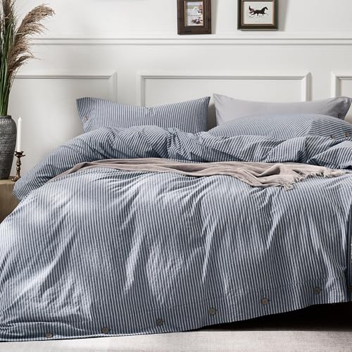 JELLYMONI Cotton Duvet Cover Queen Size - Blue Vertical Pinstriped