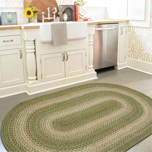 Grassland Green Oval Rug 20x30 - Small Country Braided Rugs for Welcoming Rustic Kitchens and Entryways, Rich Colors, Reversible, Low Maintenance No-Shed Jute