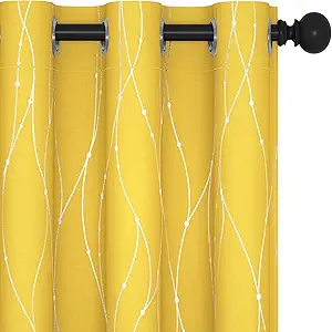 Deconovo Blackout Yellow Curtains and Drapes, Sunlight Blocking Curtains for Bedroom - Wave Line with Dots Printed, Cute Curtains (42 x 63 Inch, Mellow Yellow, 2 Panels)