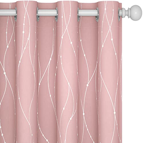 Deconovo Pink Blackout Curtains for Bedroom, Thermal Insulated Soundproof Pravicy Curtain, Silver Wave Dots Print, 52 x 84 Inch Long, Machine Washable Window Panels for Kids Room Nursery, Set of 2