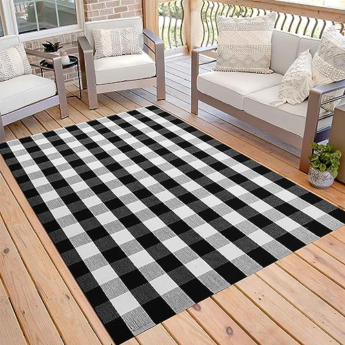 KOZYFLY Buffalo Plaid Area Rug 5 x 7 Ft Black and White Checkered Rug Washable Outdoor Patio Rugs Cotton Rugs for Living Room Carpet for Dining Room Bedroom Farmhouse Rug