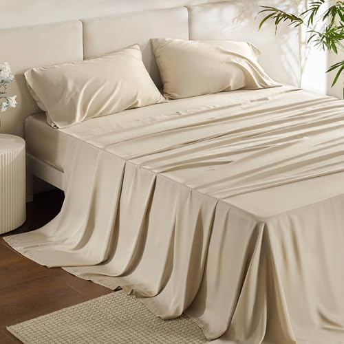 Bedsure Queen Sheets, Rayon Derived from Bamboo, Queen Cooling Sheet Set, Deep Pocket Up to 16", Breathable & Soft Bed Sheets, Hotel Luxury Silky Bedding Sheets & Pillowcases, Beige